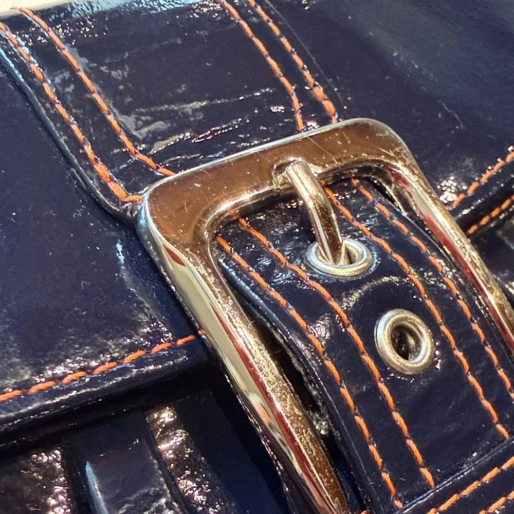 L. Erickson Trifold Envelope Style Patent Leather Black Clutch with Buckle